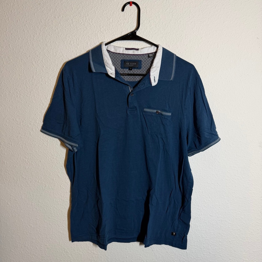 Ted Baker London Mens Polo Shirt Blue‎ Contrast Collar Size 5 XL Short Sleeve